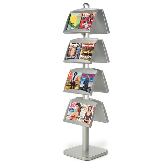 Double-Sided Aluminum Literature Display Stand With 8 Angled Magazine Pockets, Free-Standing, Height Adjustable, Heavy Duty Square Base With Rubber Feet, 18-1/4 x 75-1/2 x 18-Inch (BPSQ8LH)