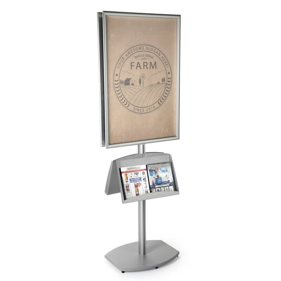 Double-Sided Aluminum Snap-Open Poster Stand for 24 x 36 inch Graphics, with 2 Metal Pockets, Large Weighted Base - Silver (AP2436LHX2)