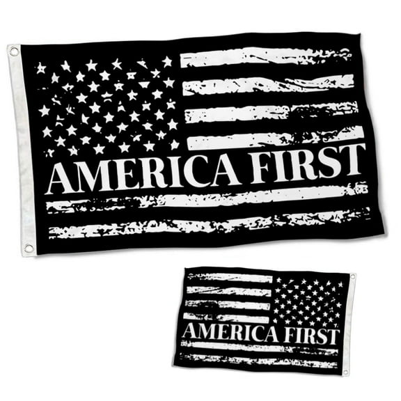 Double Sided America First USA Flag Distressed Black White Flags Banner with Brass Grommets 12x18 Inch