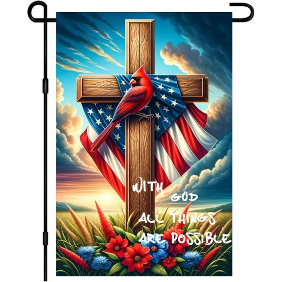 Double Sided American Flag Christian Garden Flag 12x18 Inch With God All Things Are Possible Patriotic Cross Cardinal Outdoor Decor for Porch Lawn Prayer