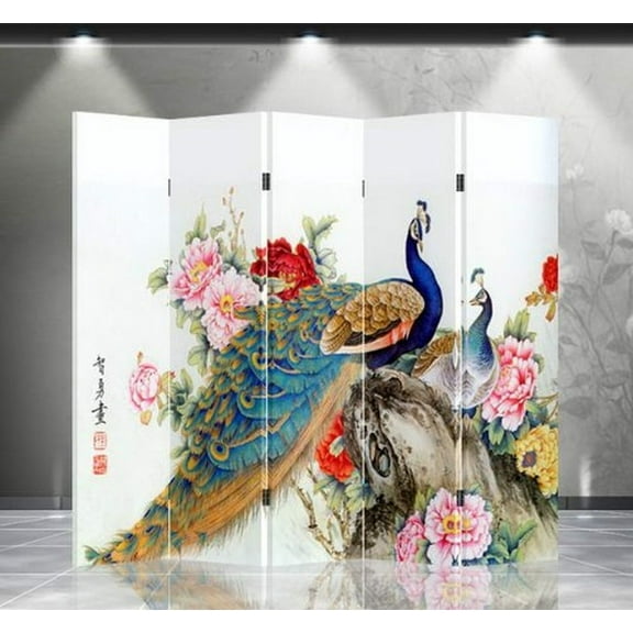 Double Sided Canvas Screen Room Divider - Double Peacocks