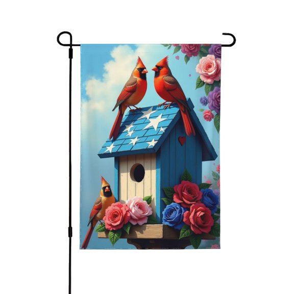 Double Sided Cardinal Birdhouse Garden Flag Patriotic Stars Roses Flowers Spring Summer Outdoor Yard Decor 12x18 Inch