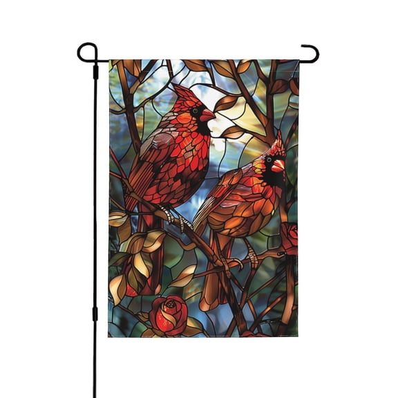 Double Sided Cardinal Birds Garden Flag 12x18 Inch Stained Glass Roses Floral Spring Summer Yard Flag Outdoor Patio Decor
