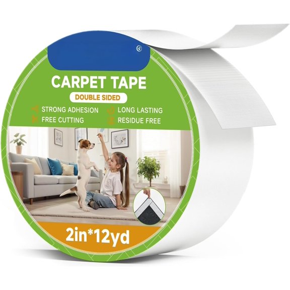 Double Sided Carpet Tape - 2 Inch x 12 Yards Removable Rug Tape for Hardwood Floors, Tile & Laminate - No Hold Anti Slip Gripper for Area Rugs, Mats & Carpets