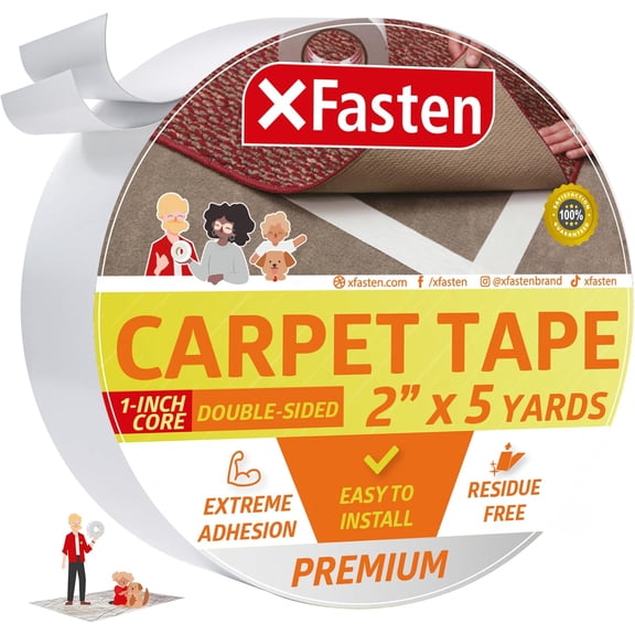 Double Sided Carpet Tape - Heavy Duty 2 x 5 yds, 1 Core for Area Rugs Over Carpet, Keep Rug in Place, Hardwood Floor, Laminate, Tile