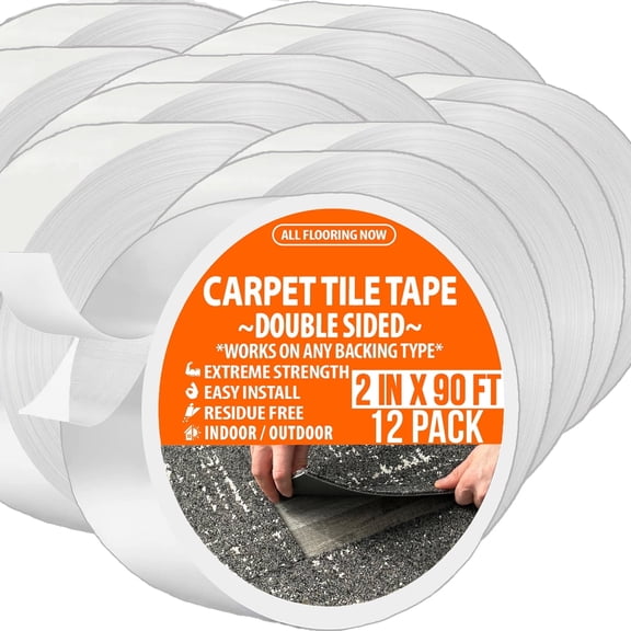 All Flooring Now Carpet Tile Tape Double Sided 2in x 90ft (Bulk 12 Pack) Heavy Duty Residue Free Indoor Outdoor