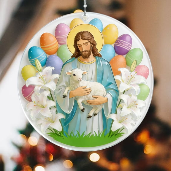 Double Sided Carved Acrylic Easter Ornament - 3.15 Inch Religious Cross & Resurrection Scene, Circle Holiday Decor Gift for Home & Easter Tree