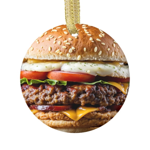 Cheese Burger Hamburger Cute Food Themed Double Sided Ceramic Foodie Novelty Holiday Christmas Xmas Ornament Gift (Flat Printed Design, NOT 3D)