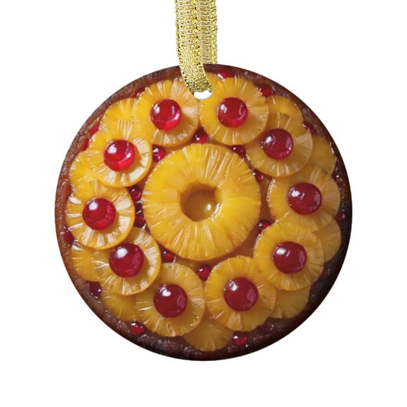 Novelty Pineapple Upside Down Cake Cute Food Themed Double Sided Ceramic Foodie Novelty Holiday Christmas Xmas Ornament Gift (Flat Printed Design, NOT 3D)