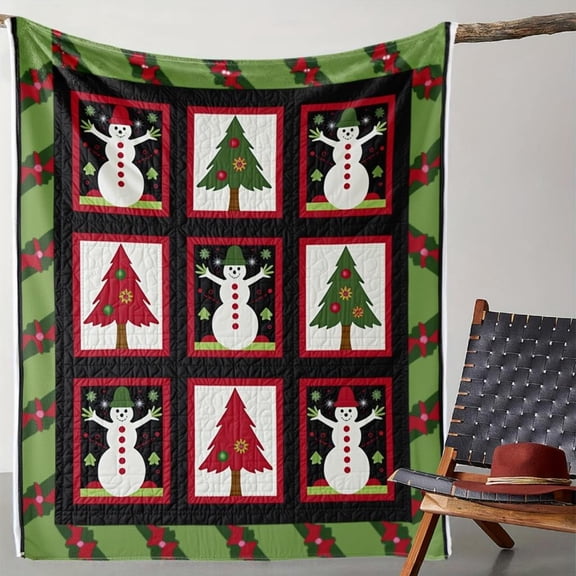 Double-Sided Christmas Quilt Blanket - Green and Red Snowman and Tree Pattern Modern Holiday Decoration with Background and Red/Green Snowman Pattern