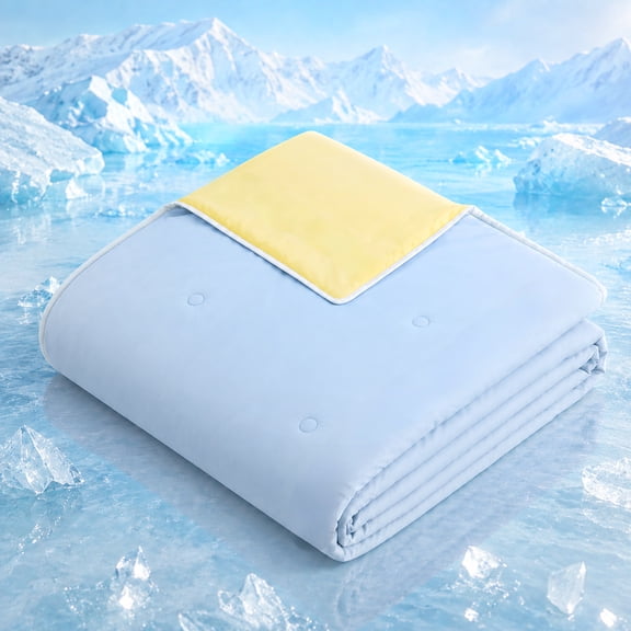 SUNNY HEAT Cooling Summer Comforter 28"x40", Cooling Blanket for Hot Sleepers, Lightweight Breathable Double-Sided Quilt, Yellow & Iceblue