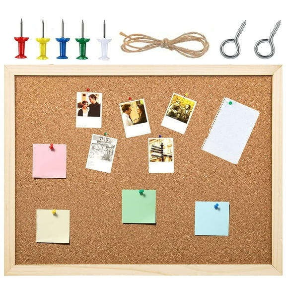 Double-Sided Cork Board for Wall,1 Pack 15.7"X 12" Hanging Wood Framed Bulletin Board,Picture Display Vision Board Corkboards for Wall Room School Office Decor(Pins, Eye Bolts, Rope)