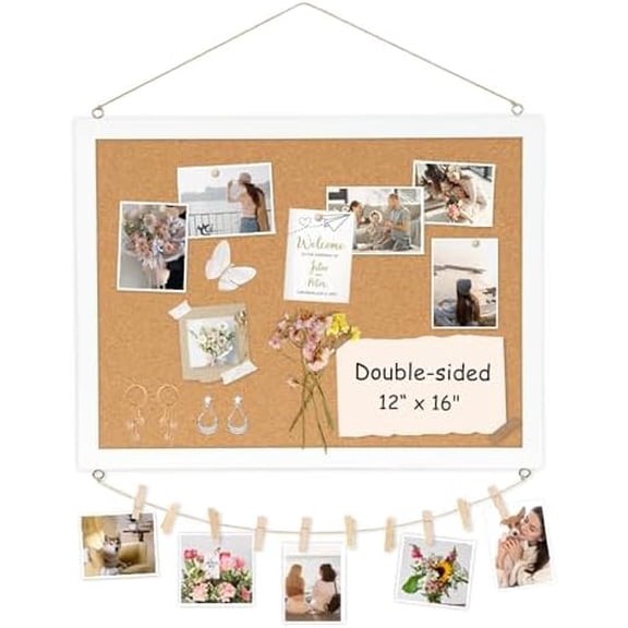Double-Sided Cork Board for Wall, 16" x 12" Hanging Wood Framed Small Bulletin Board, Picture Display Vision Board Corkboards for Wall Room School Office Decor, 20 Pushpins (Vintage White)