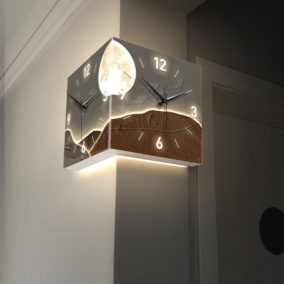 Double-Sided Corner Clock, No-Drill Wall Lamp Clock for Living Room, Home Silent Hanging Mural Clock, Decorative Corner Wall Clock with Light