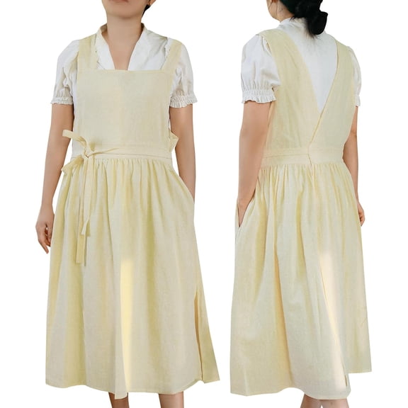 Double Sided Cotton Linen Apron for Women with Pocket, V-neck and Flat-neck Split Pinafore for Kitchen Garden Cooking