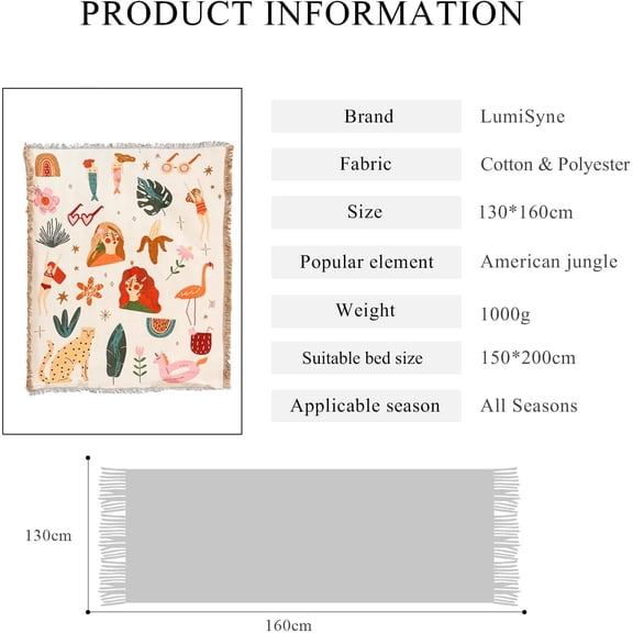 Double-Sided Cotton Woven Throw Blanket with Tassel Jungle Bohemian Style Tapestry Shawl Multi-Function Decorative Throws for Sofa Bed Armchair Camping Blanket Tablecloth Carpet 160x130cm