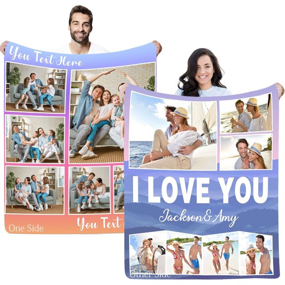 Double Sided Custom Blanket with Photo Text Personalized Throw Blankets Customized Picture Blanket for Kid Adult Friends Mom Dad Personalized Gift Flannel Blanket for Birthday Halloween Christmas
