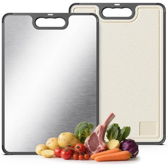 Double-Sided Cutting Board for Kitchen - Stainless Steel Cutting Board with Wheat Straw Side, Non-Toxic Chopping Board with Juice Groove, Garlic Grinder & Non-Slip Design, 14.5 x 10.0"