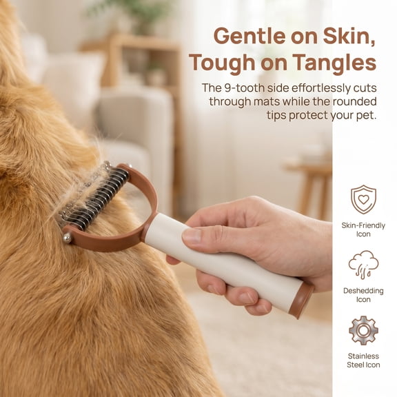 Double Sided Dematting Comb for Cats & Dogs, Undercoat Rake, Safe Deshedding Grooming Tool, Gentle Matt Remover Detangler for Long Thick Haired Pets, Ergonomic Pet Grooming Brush Coffee