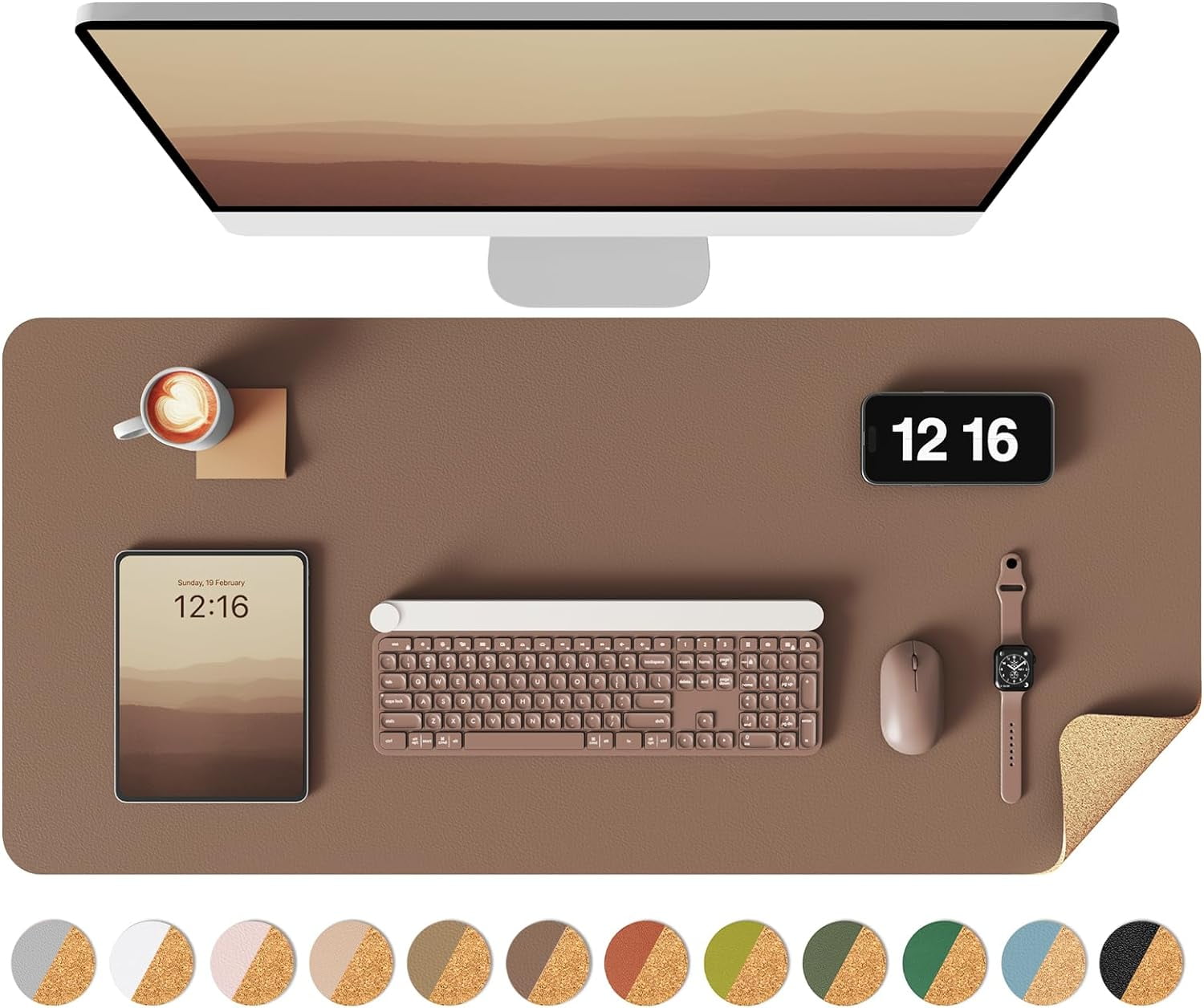 Double-Sided Desk Pad, 31.5"x15.7"Leather Mat, Eco Cork Pad Protector,Large Mouse Pad,Waterproof Blotter for Office/Home(Coffee)