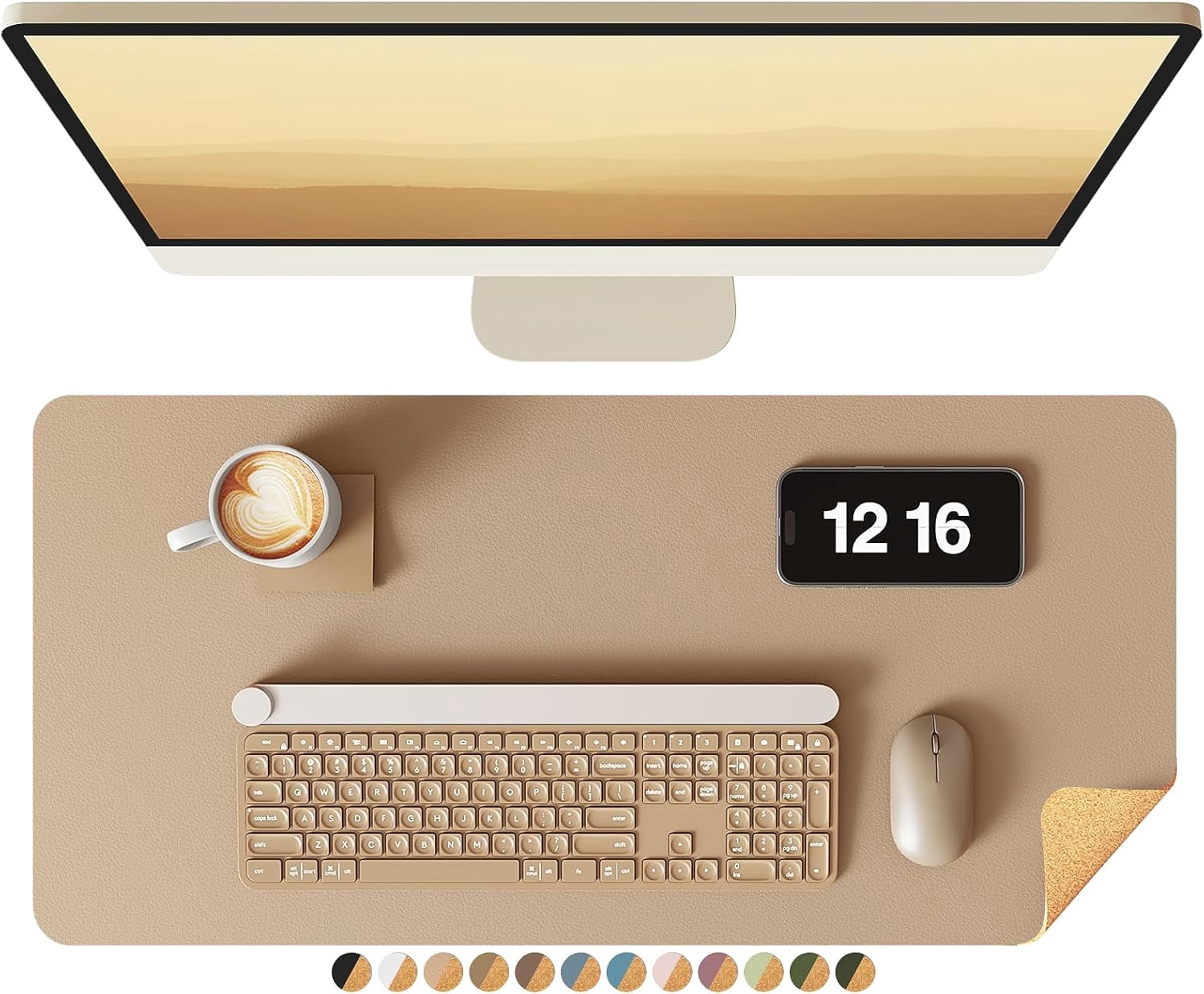 Double-Sided Desk Pad, Leather Desk Mat, Eco Cork Desk Pad Protector, Large Mouse Pad for Desk, Waterproof Desk Blotter Pad, Writing Pad for Office/Home(23.6"x13.7",Apricot)