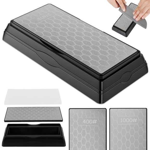 Double Sided Diamond Sharpening Stone 400/1000 Grit Whetstone with Non-Slip Base Dust Cover for Knife Scissor Axe Chisel Sharpener