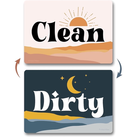 Double-Sided Dishwasher Magnet Clean Dirty Sign - Magnetic Signs That Say Clean/Dirty - Optional Metal Adhesive for Non-Metal Stainless Steel Dish Washers - Boho Kitchen Accessories & Decor
