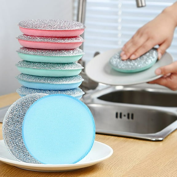 Double Sided Dishwashing Sponges 3 Pack, Multi-Surface Scouring Pads, High Absorbency Cleaning Erasers for Pot Pan Kitchen Home, Pink
