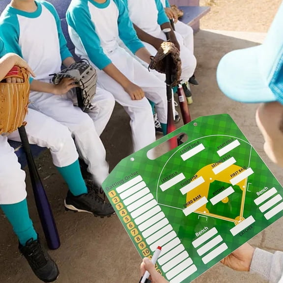 Double-Sided Dry Erase Baseball Tactics Board, Clipboard with Batting Order Lineup, Portable Strategy Board with Markers, 14" (Green)