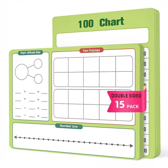 Double-Sided Dry Erase Whiteboard Charts for Math Operations - 15 Pack, 11.22"x8.27" with Number Tables, Ten-Frames, and Number Lines for K-3 Classroom & Home Learning