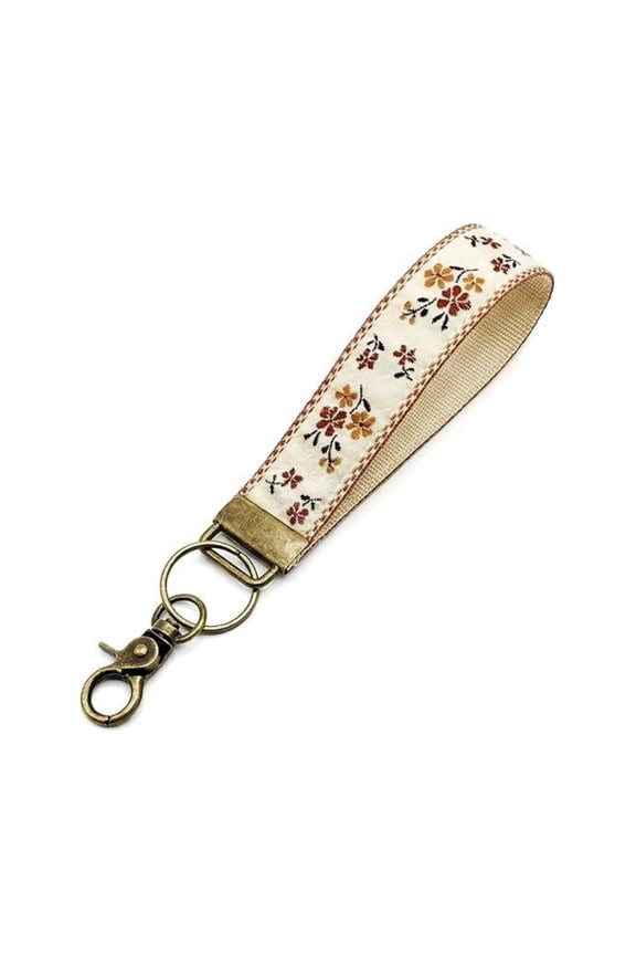 Double-Sided Embroidered Ribbon Keychain with Wrist Strap - Handmade Floral Fabric Key Fob with Metal Clasp, Lightweight Wristlet Strap for Keys, ID Badges, Bags & Lanyards