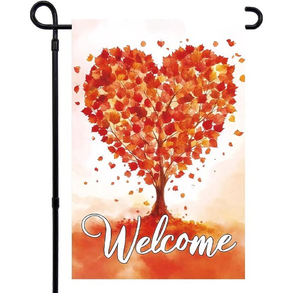 Double Sided Fall Garden Flag 12x18 Inch Heart Shaped Maple Leaves Tree Autumn Burlap Flag for Outside Yard Holiday Decoration