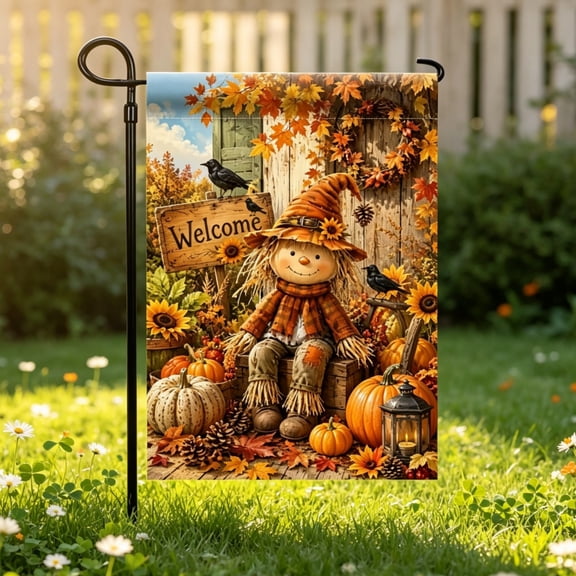 Double Sided Fall Scarecrow Garden Flag, Welcome Pumpkin Sunflower Themed Outdoor Yard Flag for Lawn Patio Farmhouse Autumn Decor