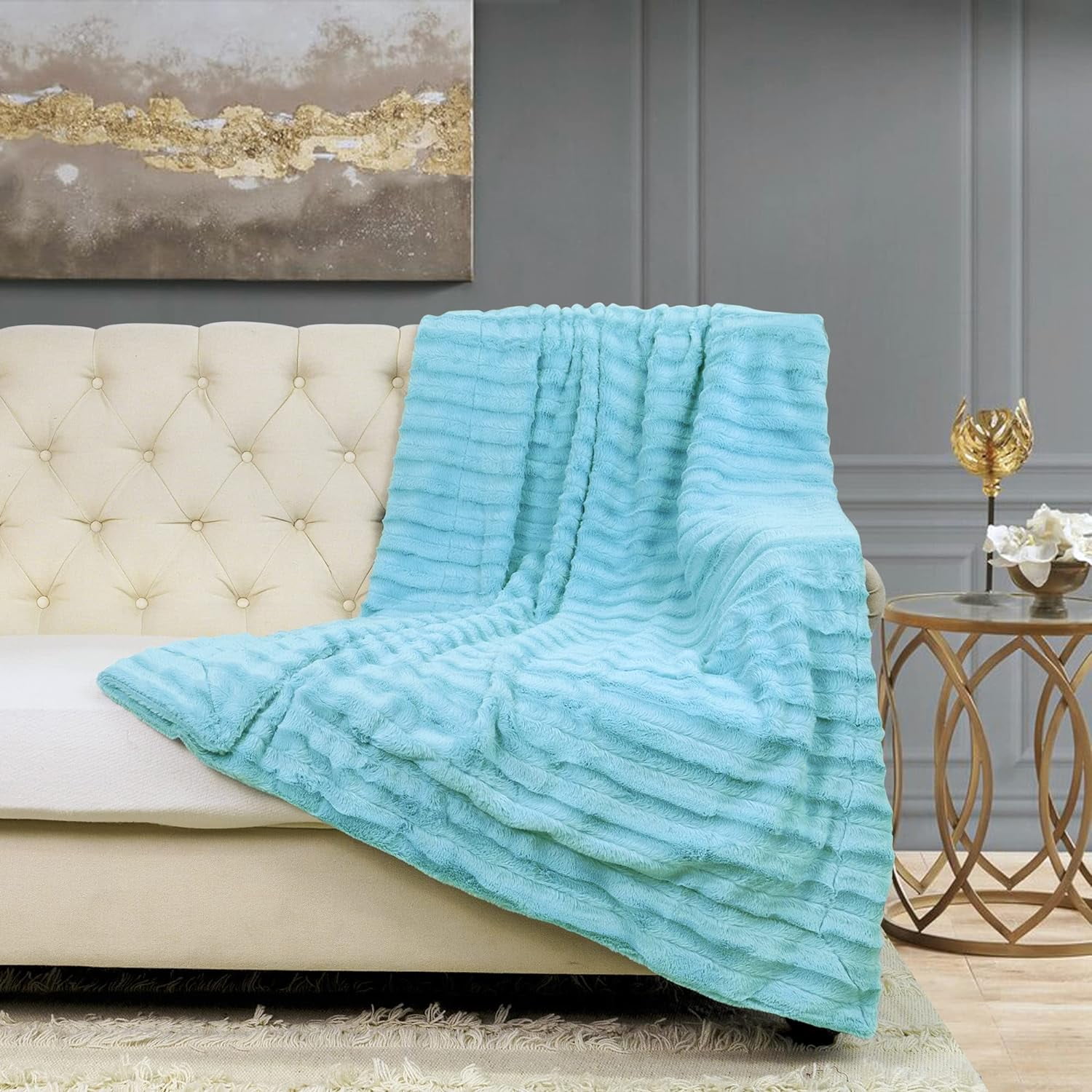 Double Sided Faux Fur Throw Blanket, Sky Blue, 60'' X 80'', Soft Plush