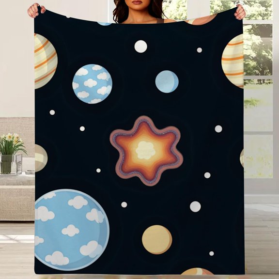 Double-Sided Flannel Blanket - All-Season Soft Bedspread with Starry Night and Pastel Cloud Design, Double-Sided Textured Comfortable Bedding