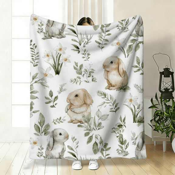 Double-Sided Flannel Throw Blanket, Spring Bunny Rabbit Design, 280gsm Cozy Bedspread Sofa Cover for Home, Machine Washable All-Season Decor
