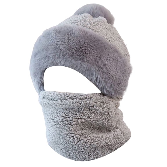 Double Sided Fleece Balaclava Hat with Pompom, 3-in-1 Hood Scarf Mask for Women, Windproof Winter Hat for Skiing Cycling Running and Cold Weather - Grey