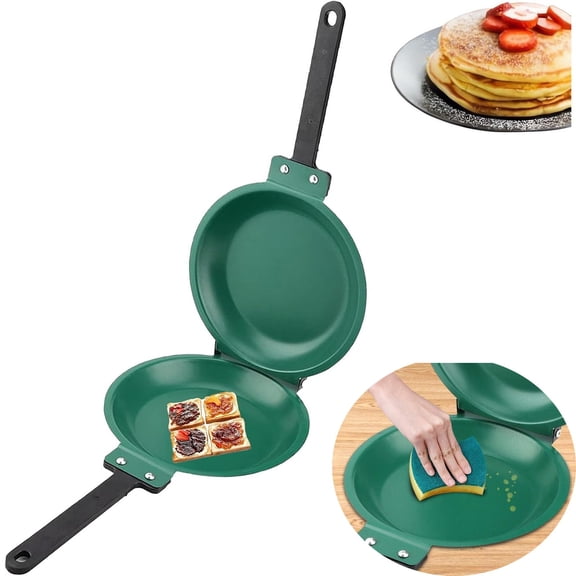 Double Sided Flip Pancake Pan Hinged Flipmaster Breakfast Frying Pan Nonstick Oil Splash Closed Pan For Home Cooking(Green-34X19Cm)