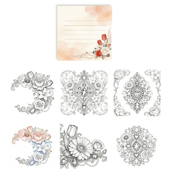 Double-Sided Floral Gemstone Sticky Notes (100 Pcs) - Original Coloring & Stress Relief Note-Taking, No-Repeat