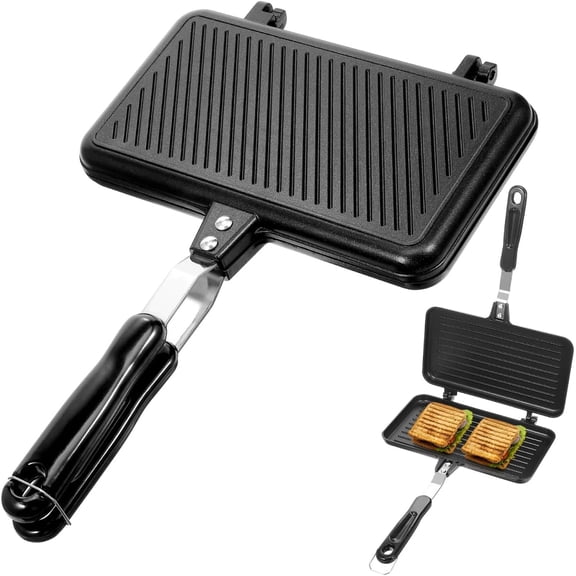 Double- Sided Frying Pan Non- Stick Grill Pan Waffle Maker Sandwich Baking Mold for Cake Toast Snack Breakfast, Aluminum Sandwich Maker