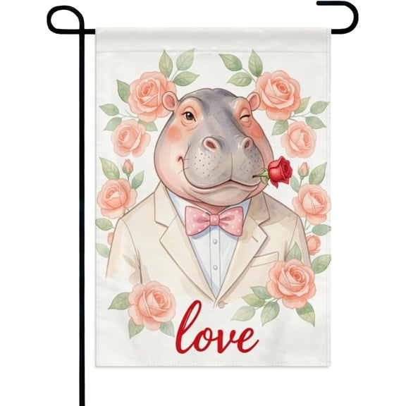Double Sided Garden Flag Hippopotamus Watercolor Animal Floral Outdoor Decor 12x18 Inch