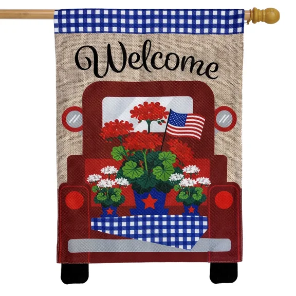 Double Sided Garden Flag Red Truck Burlap Patriotic 4th of July Independence Day Memorial Day Outdoor Welcome Yard Decor