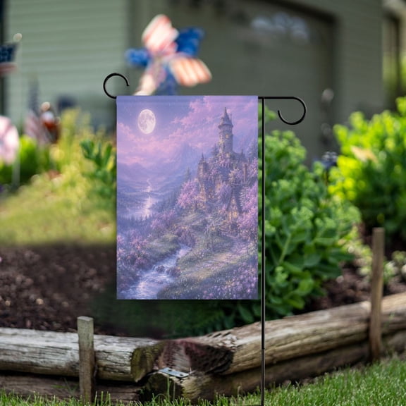 Double Sided Garden Flags 12x18 Inch Fade Resistant Moonlit Purple Castle Yard Flags for Outdoor Patio Porch Lawn Home Decor