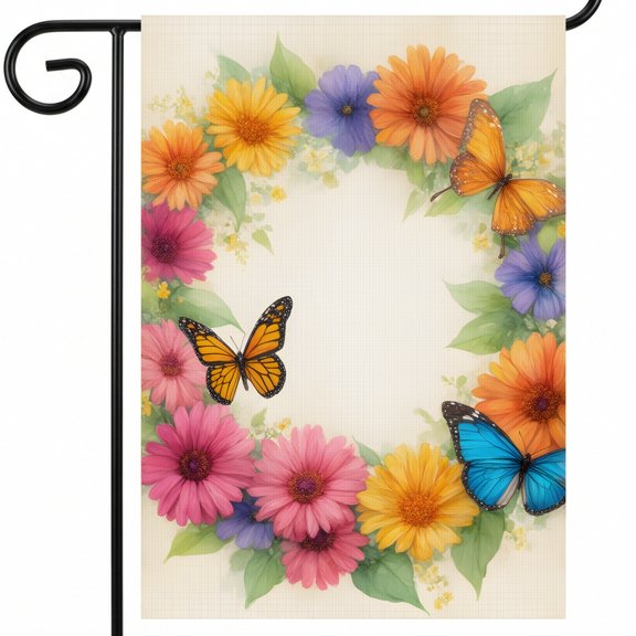Double-Sided Garden Flags Full 28x40 Inch for Courtyard Summer Art Decoration with A Wreath of Flowers and Butterflies on a Piece of Paper.