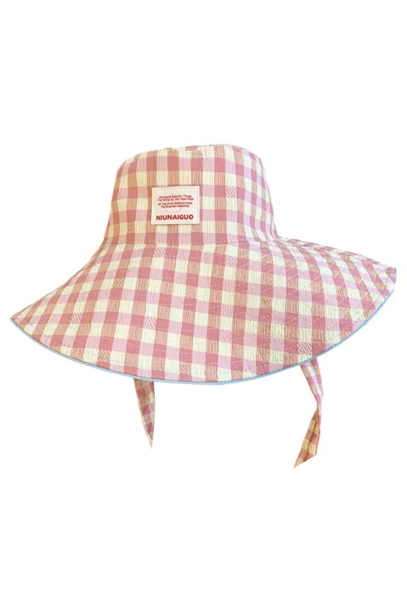 Double Sided Gingham Cotton Cap Large Brim Sunproof Comfortable For Vacation Daily Wear