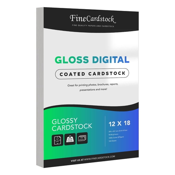 Double-Sided Gloss Digital C2S Cardstock, 12 x 18, Glossy 100lb Cover, 94 Bright, Acid Free, Coated Finish, 100 Sheets