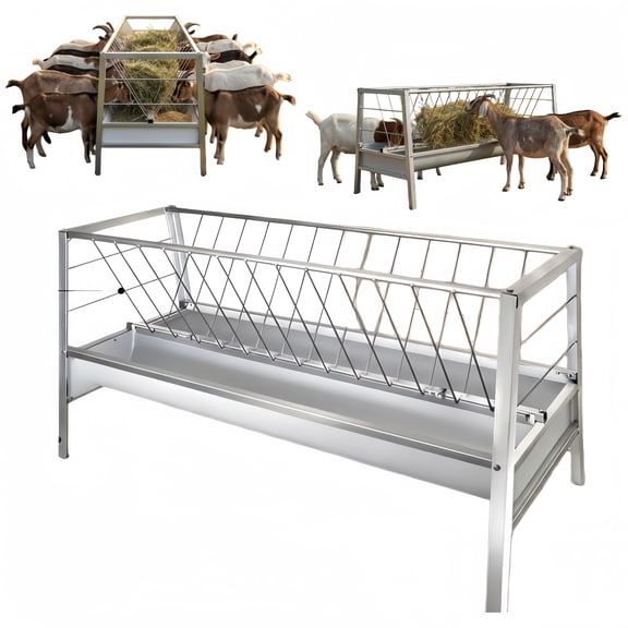 Double Sided Goat Feeder, Freestanding Goat Hay Rack with Feed Trough, Hay Feeder for Goats with Alloy Steel Frame, 85 Gallon Stainless Steel Goat Hay Feeder