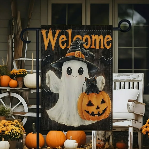 Double Sided Halloween Garden Flag Outdoor with Ghosts 17.72x11.81 inch Polyester Yard Decoration for Patio Fence Porch Spooky Home Decor