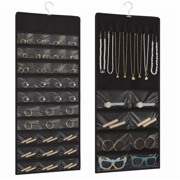 Double Sided Hanging Jewelry Organizer, 48 Pockets Clear Window Large Jewelry Hanging Organizer with Necklace Hanger, Wall/Door/Closet Stud Earring Bracelet Ring Storage (Black)