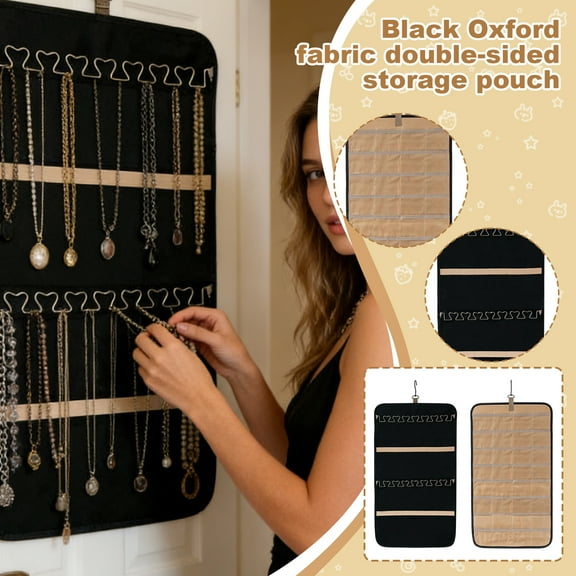Double Sided Hanging Jewelry Organizer with Zipper - Waterproof Black Oxford Cloth Necklace Rack for Wall and Door Storage, Anti-Tarnish Jewelry Protection (1 Piece)